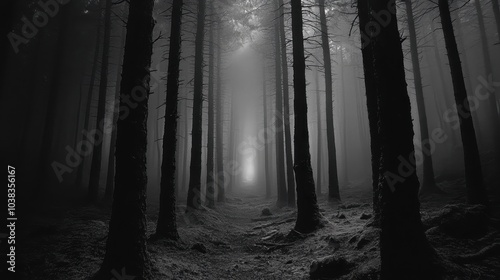 The interior of the pine forest is dark and eerie photo