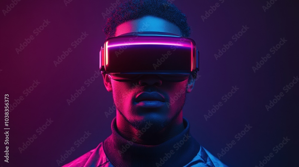 Futuristic minimal cyber neon portrait of young man wearing VR glasses, life in virtual reality. Technological progress and the use of artificial intelligence. Futuristic minimal cyber neon portrait of young man wearing VR glasses, life in virtual reality. Technological progress and the use of artificial intelligence.