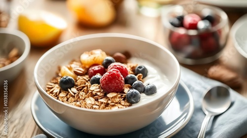 Close-up of a Bowl of Granola with Yogurt, Berries, and Nuts, a Healthy and Delicious Breakfast Option