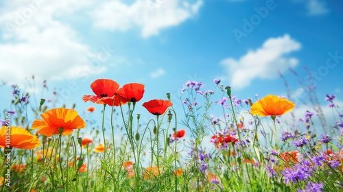 Vibrant Field of Colorful Poppies and Wildflowers