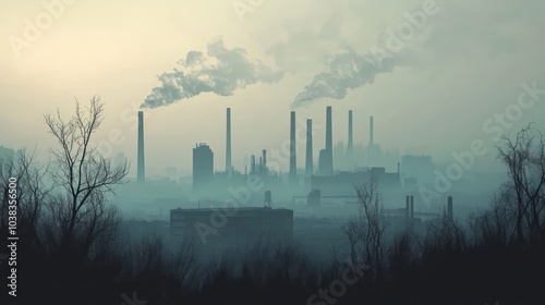 City skyline with lots of industrial nd factory chimneys air pollution problem photo