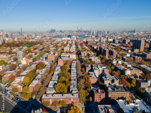 Aerial landscape of Downtown Brooklyn city skyline during fall in New York City NY