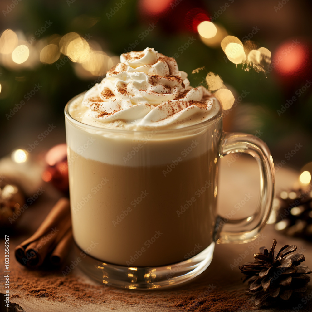 A spiced eggnog latte in a glass mug, topped with whipped cream and sprinkled with cinnamon, soft natural light highlighting the creamy texture and warm tones, cozy and festive atmosphere A spiced eggnog latte in a glass mug, topped with whipped cream and sprinkled with cinnamon, soft natural light highlighting the creamy texture and warm tones, cozy and festive atmosphere