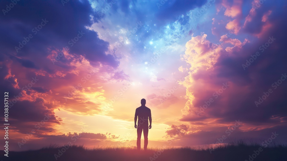 A lone figure stands silhouetted against a dramatic, colorful sunset sky, with clouds swirling around them. The sky suggests a sense of hope and inspiration. A lone figure stands silhouetted against a dramatic, colorful sunset sky, with clouds swirling around them. The sky suggests a sense of hope and inspiration.