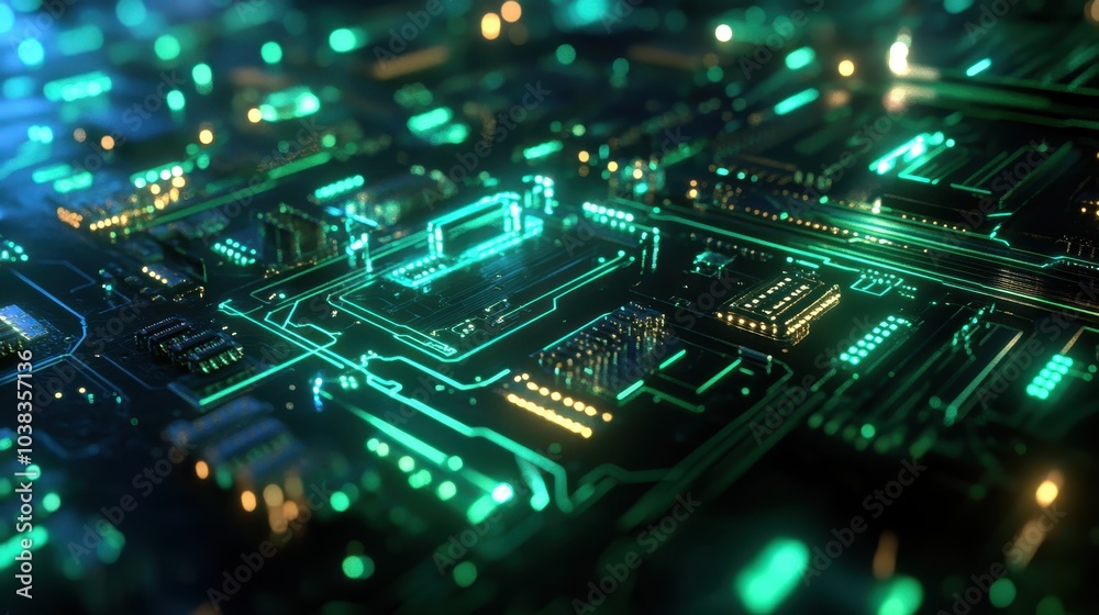 Obraz premium Abstract Futuristic Circuit Board with Glowing Green Lines and Gold Components.