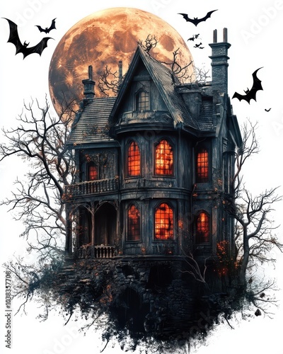 Spooky Haunted House With Full Moon and Bats on White Background - Halloween Digital Art photo