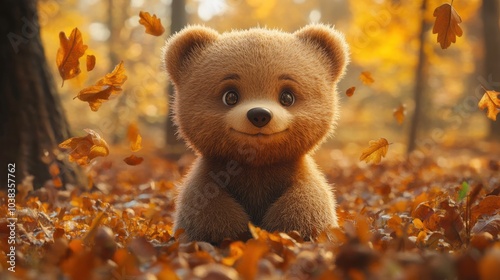 3d illustration of a cute bear cub in the autumn forest