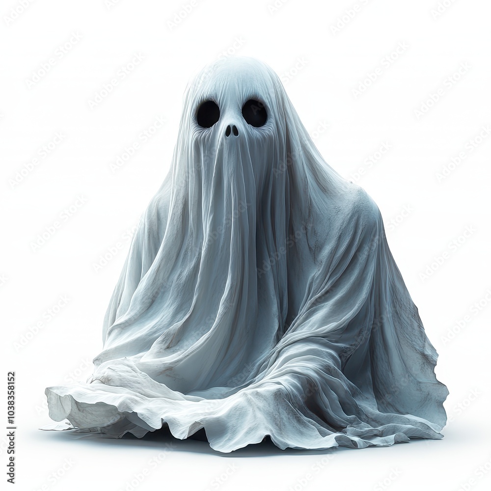 Spooky Ghost Figure in White Sheet - Halloween Decoration, 3D Render, Isolated on White Background. Spooky Ghost Figure in White Sheet - Halloween Decoration, 3D Render, Isolated on White Background.