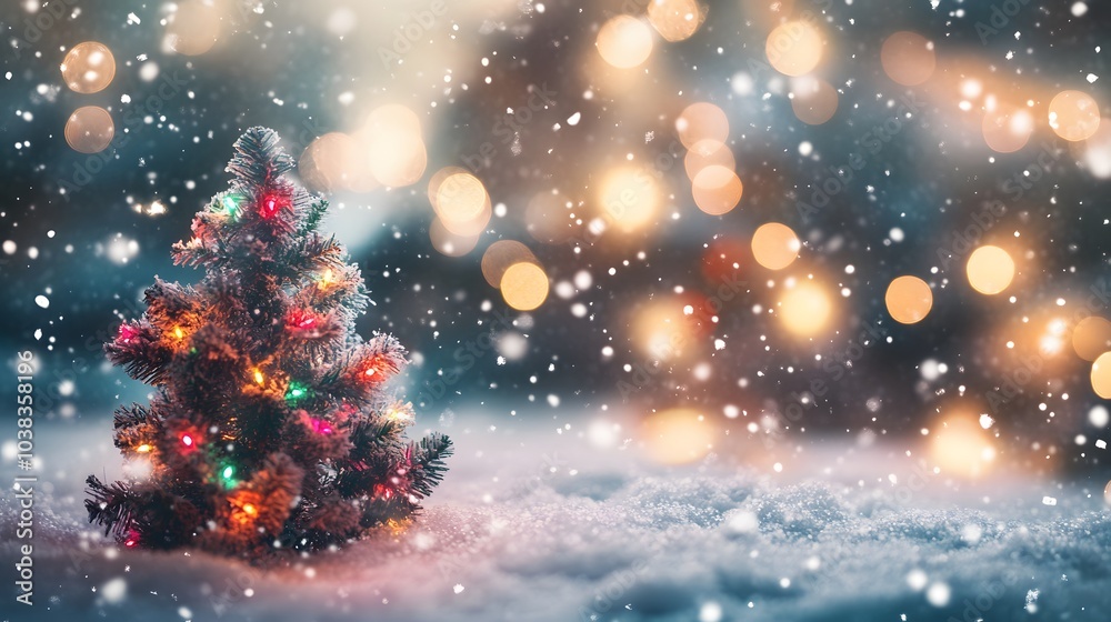 A Small Christmas Tree Covered in Snow with Lights and a Bokeh Background