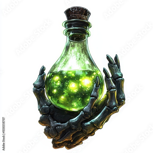 Skeleton Hand Holding Glowing Green Potion Bottle, Mystical Fantasy Illustration photo