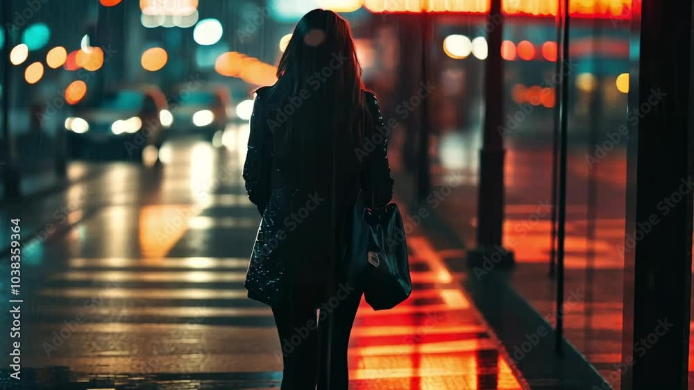 Silhouette of a woman walking alone at night on an urban city street, with blurred lights and neon signs in the background creating a moody and atmospheric scene