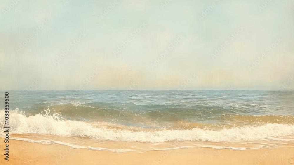 Tranquil Beach Scene with Gentle Waves and Sandy Shore - Summer Vacation Background Tranquil Beach Scene with Gentle Waves and Sandy Shore - Summer Vacation Background
