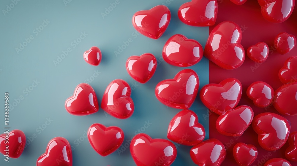 Red Hearts Scattered on a Blue and Red Background Red Hearts Scattered on a Blue and Red Background