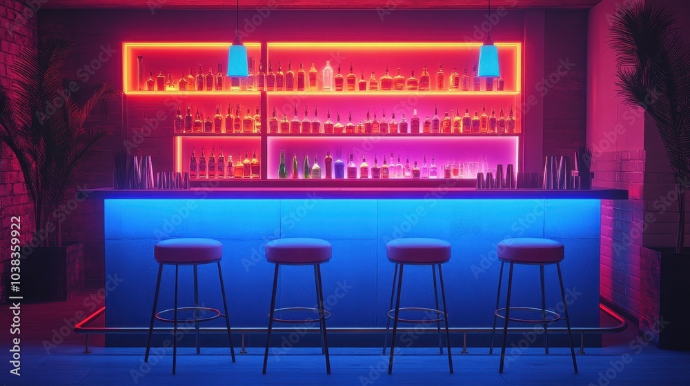 Modern bar interior with neon lights and stylish stools in a vibrant nightlife atmosphere Modern bar interior with neon lights and stylish stools in a vibrant nightlife atmosphere