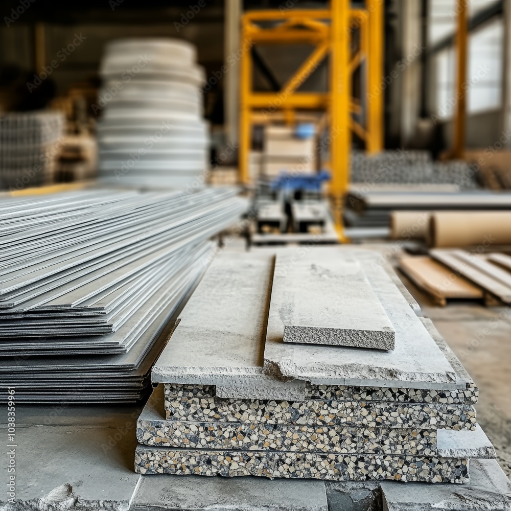 Close-up of construction materials in a warehouse setting with stacked supplies. Close-up of construction materials in a warehouse setting with stacked supplies.