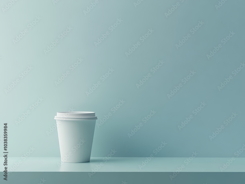 Single White Coffee Cup on a Light Blue Surface with Minimalist Design Single White Coffee Cup on a Light Blue Surface with Minimalist Design