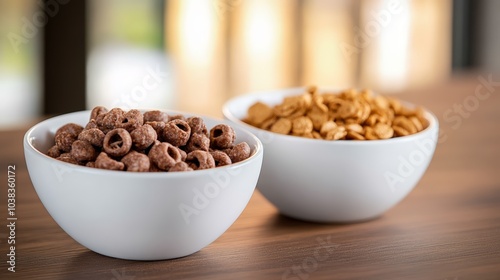 Two Bowls of Cereal, One Chocolate and One Honey, on a Wooden Table with a Blurred Background of Light and Shadow