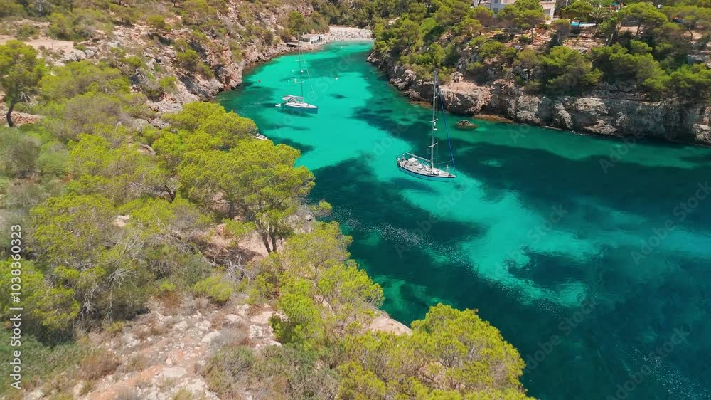 Aerial revealing view of the Bay of Cala Pi in Mallorca, Balearic Islands, Spain Aerial revealing view of the Bay of Cala Pi in Mallorca, Balearic Islands, Spain