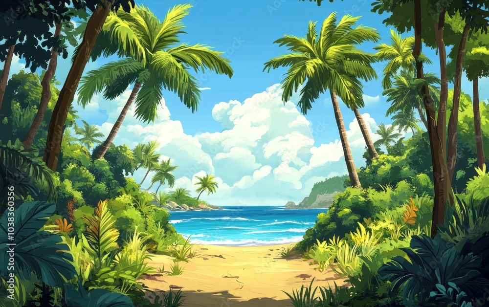 Fototapeta premium Tropical Paradise Palm Trees Framing a Tranquil Beach Scene.
