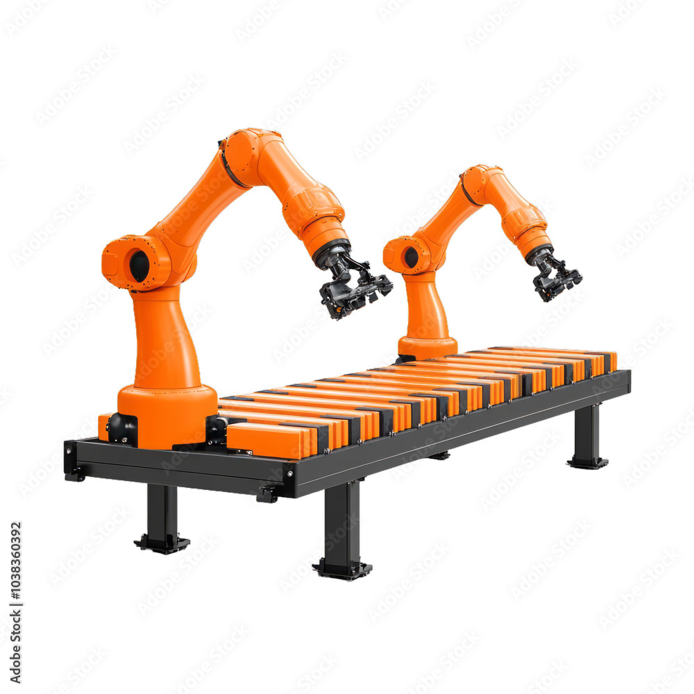3D vector icon conveyor belt with robotic arms assembling products in an automated process isolated on a transparent background 3D vector icon conveyor belt with robotic arms assembling products in an automated process isolated on a transparent background