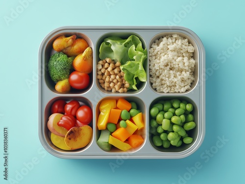 A 3D Rendered Vegan School Lunch with a Colorful Variety of Fruits and Vegetables photo