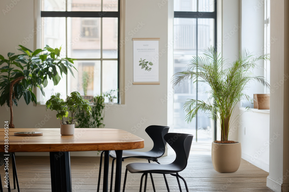 modern interior featuring spacious dining area with wooden table and black chairs. Lush green plants add refreshing touch to bright, airy space, creating serene atmosphere modern interior featuring spacious dining area with wooden table and black chairs. Lush green plants add refreshing touch to bright, airy space, creating serene atmosphere