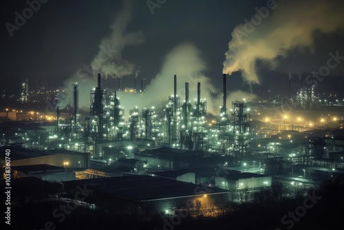 An industrial area at night, with factories and warehouses emitting bright lights, creating a stark contrast against the dark sky and highlighting light pollution