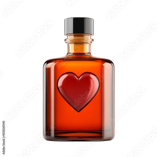 3D vector icon love potion bottle with a heart shaped label isolated on a transparent background 