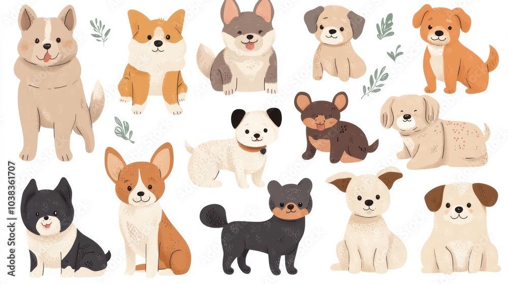 A collection of 14 adorable cartoon dogs in various poses and breeds, featuring playful expressions and charming details. They are perfect for a variety of design projects. A collection of 14 adorable cartoon dogs in various poses and breeds, featuring playful expressions and charming details. They are perfect for a variety of design projects.