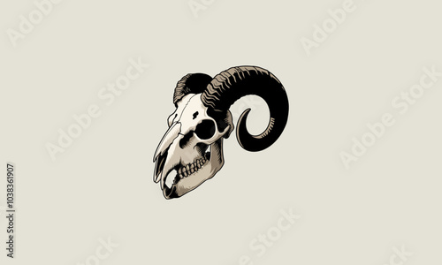 Side view of a ram skull with curved horns vector illustration.