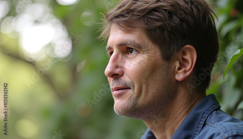 Side profile of a man calmly reflecting outdoors, surrounded by greenery. He appears lost in thought, enjoying the peaceful atmosphere, with a serene and slightly contemplative expression.