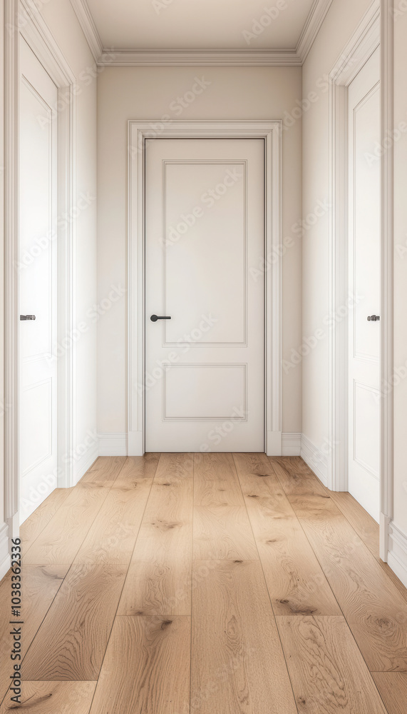 A minimalist hallway featuring light wooden flooring and white doors, creating a spacious and airy atmosphere. A minimalist hallway featuring light wooden flooring and white doors, creating a spacious and airy atmosphere.