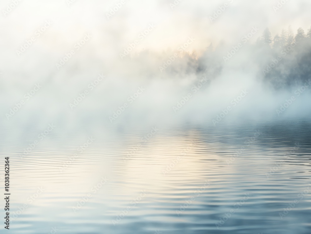 A serene lake shrouded in mist, the water reflecting the sky in a soft, ethereal glow. A serene lake shrouded in mist, the water reflecting the sky in a soft, ethereal glow.