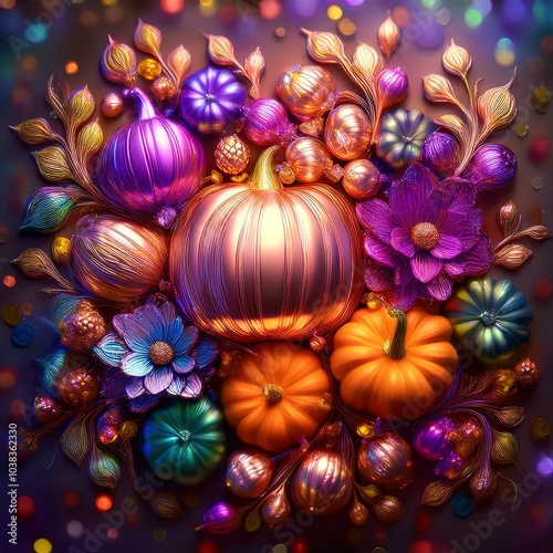 A colorful Thanksgiving arrangement of pumpkins and flowers, perfect for festive fall decor.