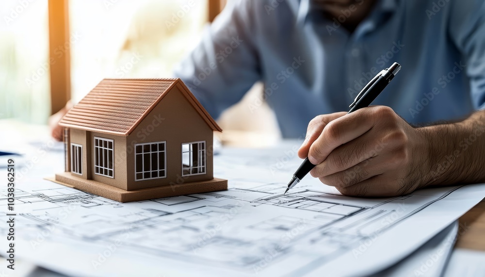 Fototapeta premium A male architect meticulously sketches a home design with a model house on his desk.