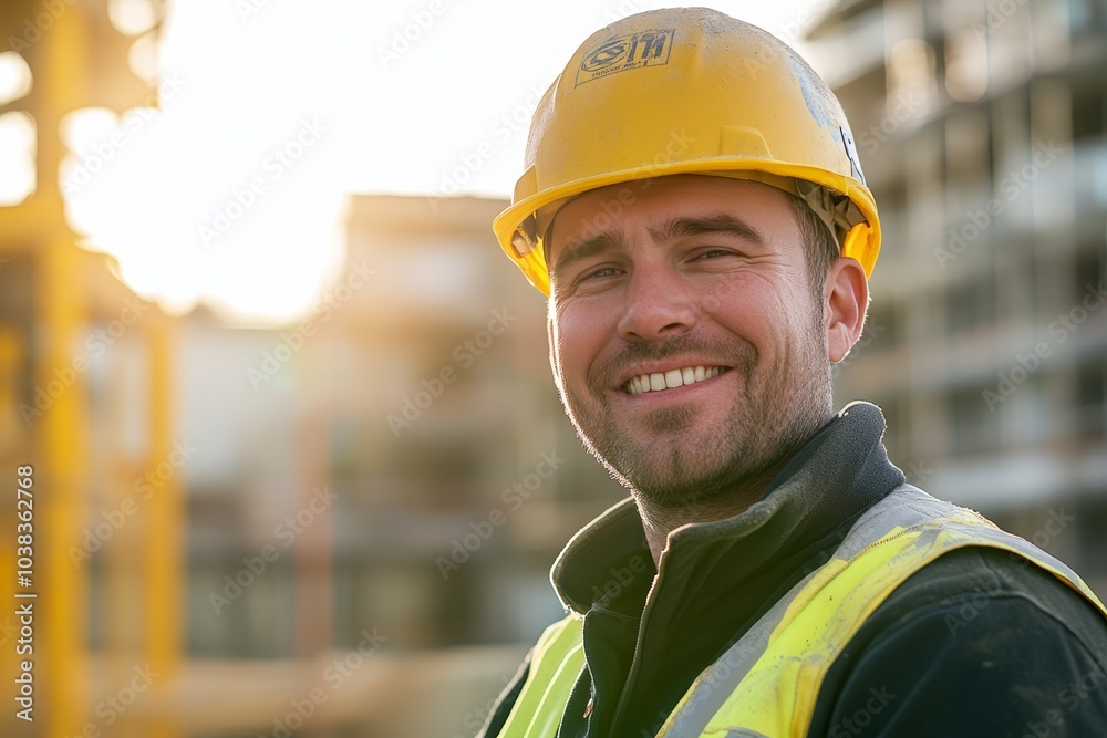 Smiling male construction worker in a yellow hard hat on site at sunset. Smiling male construction worker in a yellow hard hat on site at sunset.