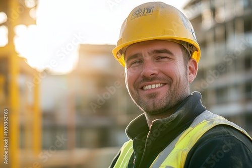 Smiling male construction worker in a yellow hard hat on site at sunset.