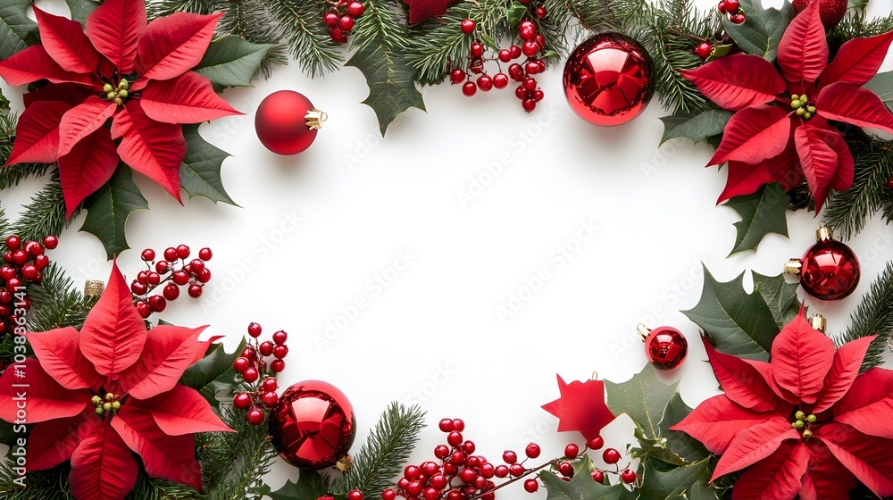 Festive Christmas Wreath with Red Poinsettia, Holly, and Ornaments Festive Christmas Wreath with Red Poinsettia, Holly, and Ornaments