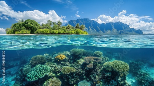 Split Landscape With Water Lines, Tropical Islands And Coral Reefs