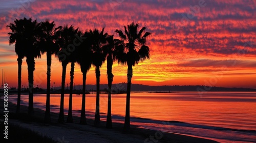 Silhouetted Palm Trees Against Sunset Glow