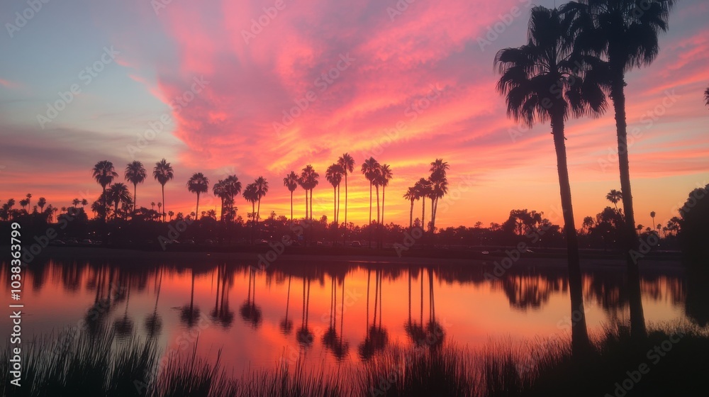 Sunset View with Silhouetted Palm Trees Reflection Sunset View with Silhouetted Palm Trees Reflection