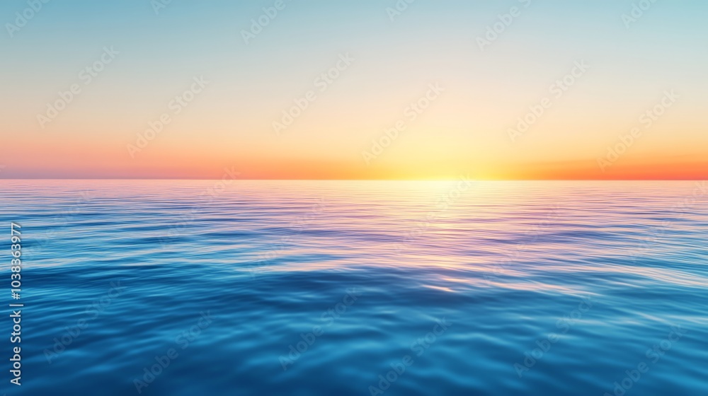 Calm Ocean Waters Reflecting a Stunning Sunrise, Seamless Union of Sky and Sea at the Horizon Calm Ocean Waters Reflecting a Stunning Sunrise, Seamless Union of Sky and Sea at the Horizon