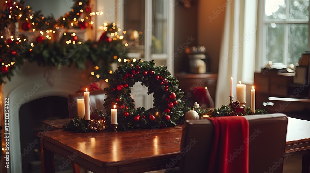 Festive Christmas Table Setting with Wreath and Candles Festive Christmas Table Setting with Wreath and Candles