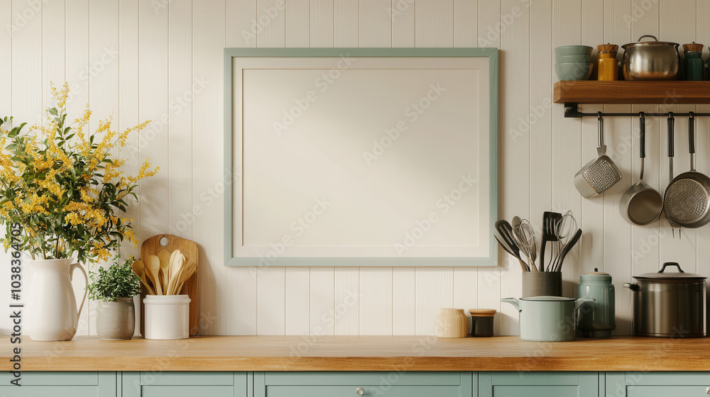 A cozy kitchen scene featuring a blank frame, wooden countertop, utensils, and a bouquet of flowers, creating a warm and inviting ambiance. A cozy kitchen scene featuring a blank frame, wooden countertop, utensils, and a bouquet of flowers, creating a warm and inviting ambiance.