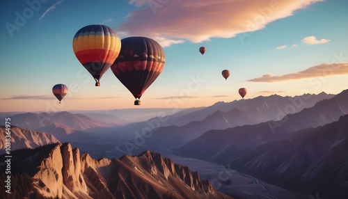 Two colorful hot air balloons floating over a mountainous landscape at sunset