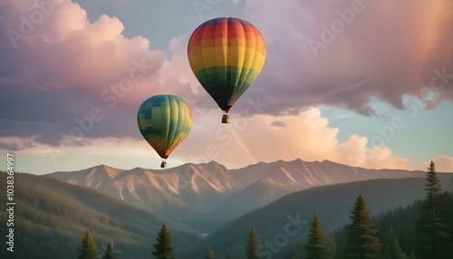 Two colorful hot air balloons floating over a mountainous landscape at sunset