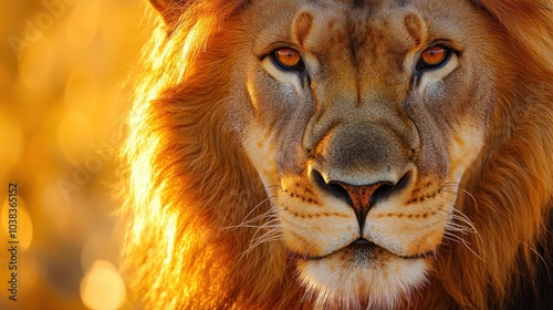 Up close and personal with perfect lion in natural habitat. Showcasing fierce and serious gaze as wild predator in exotic natural world. Animal themes wildlife concept. Copy ad text space. Generate Ai photo