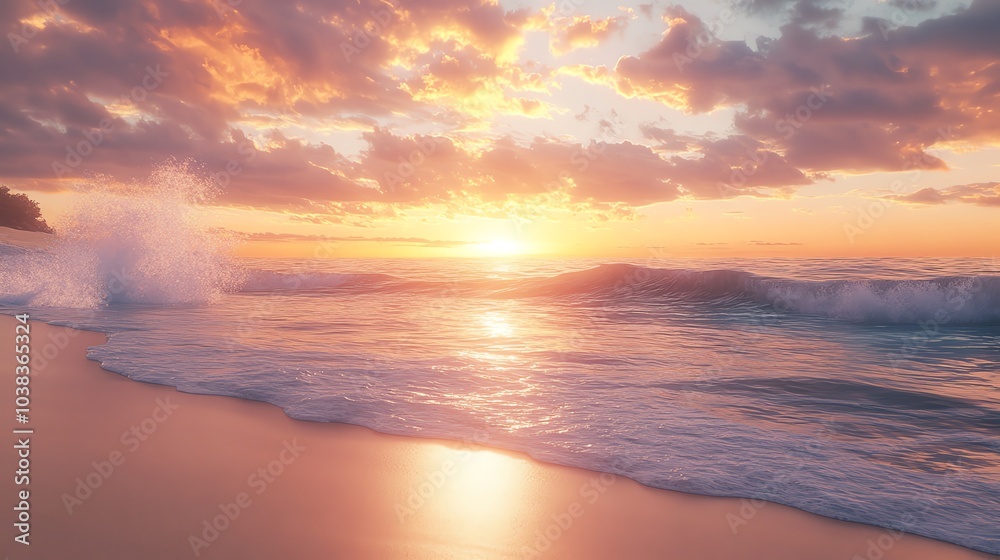 Beautiful sunset over tranquil ocean waves and sandy beach.