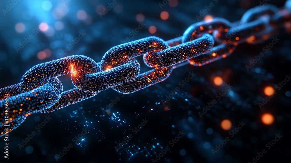Chain link with glowing particles on a dark background. Chain link with glowing particles on a dark background.