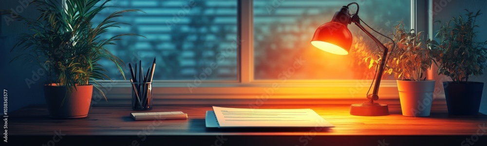Desk with a lamp and a book on it Desk with a lamp and a book on it